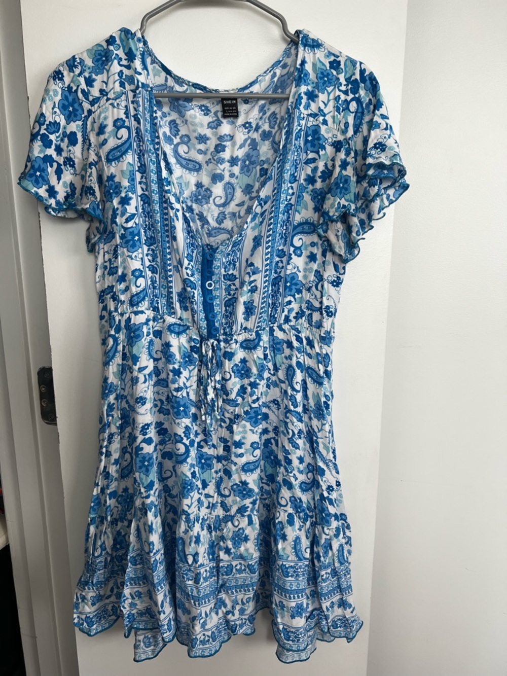 Blue and White Paisley Floral V-Neck Dress